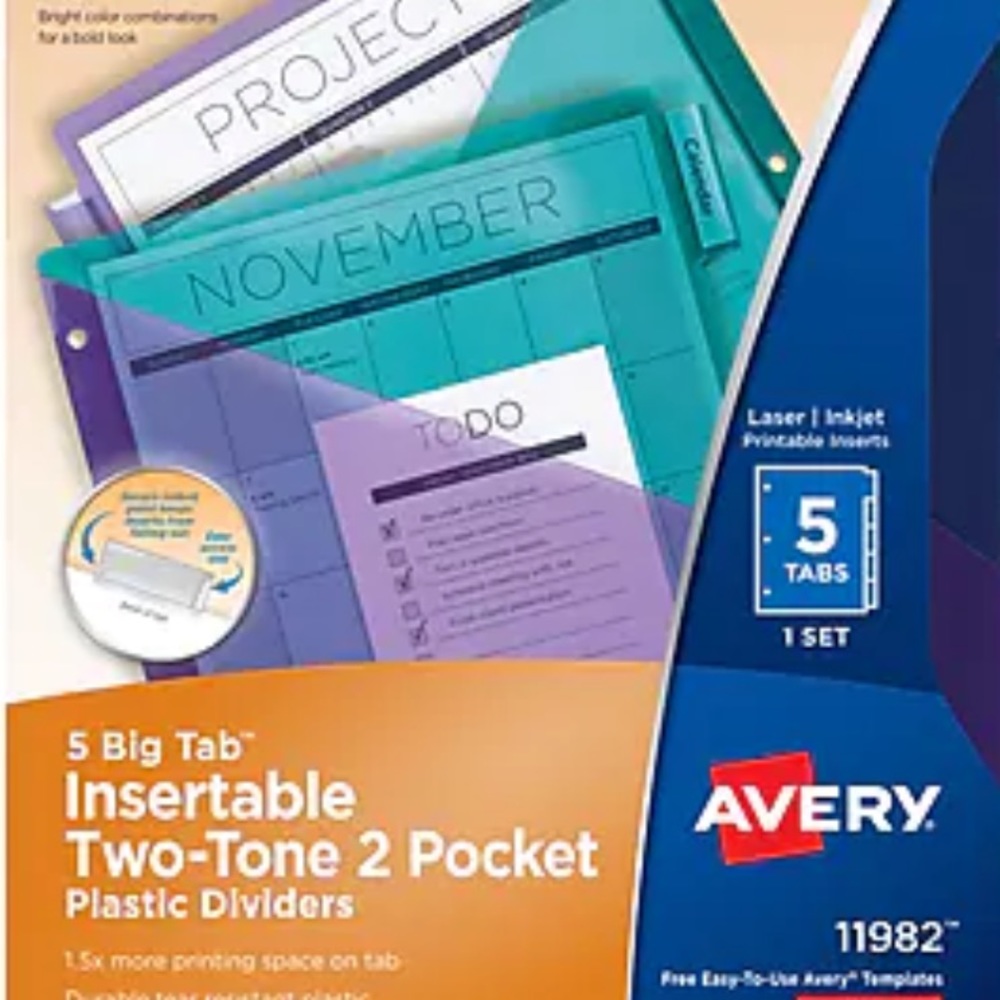 NWT Avery Big Tab Insertable Plastic Dividers, 5-Tab, Two Tone, Set